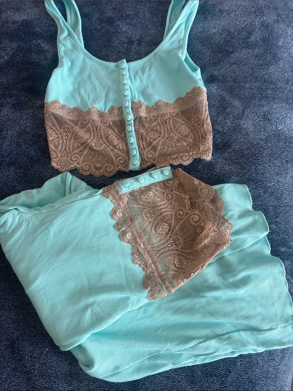 Beach Bunny Turquoise Crop Cami with Brown Lace Trim